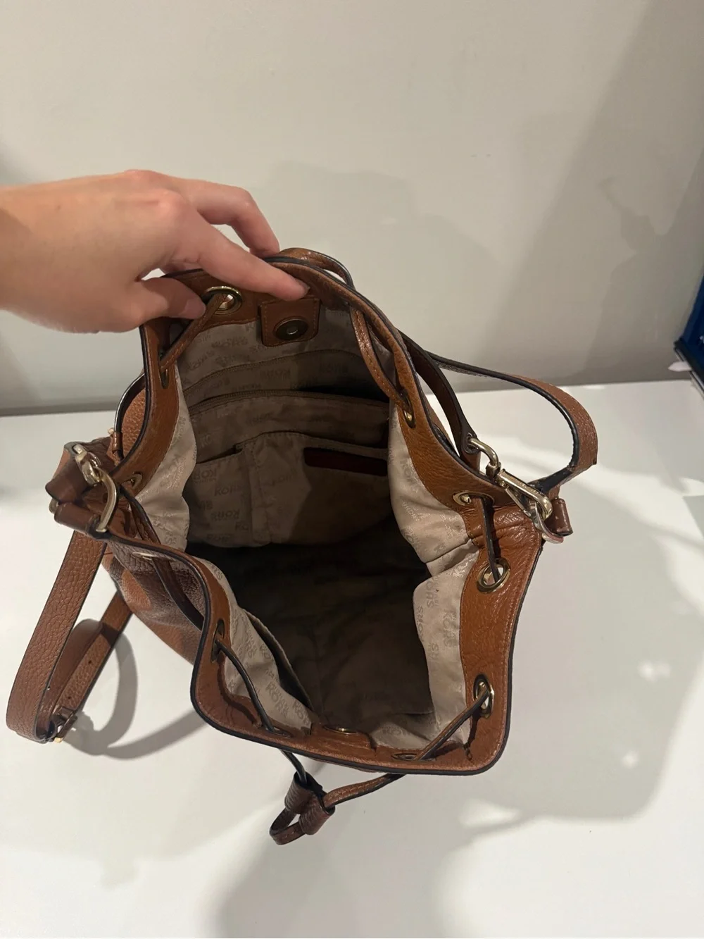 Michael Kors Brown & Black Pebbled Leather Drawstring Bucket Crossbody Bag